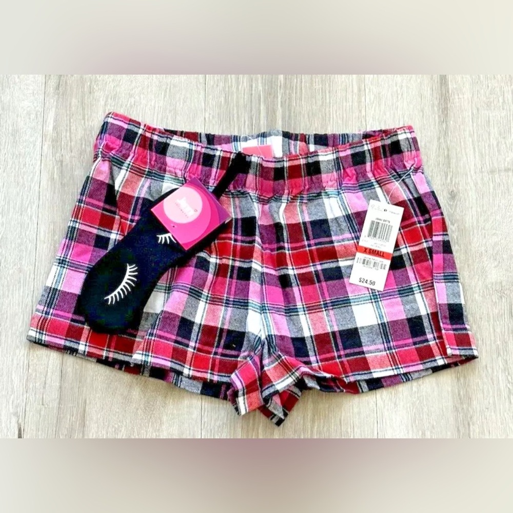 100% Cotton Flannel Jenni Red/Black Plaid Boxer Shorts + Sleeping Mask Set XS